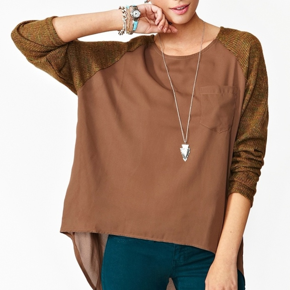 Brown Chiffon Knit-Sleeve Top